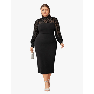 WDIRARA Women's Plus Size Mesh Bishop Long Sleeve Mock Neck Split Back Maxi Dress, X-Large 