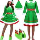 Jinei 6 Pcs Adult Elf Costume for Women Velvet Christmas Elf Cosplay Dress Outfit Santa Helper Elf Shoes Xmas Hat Stockings (One Size, Classic)