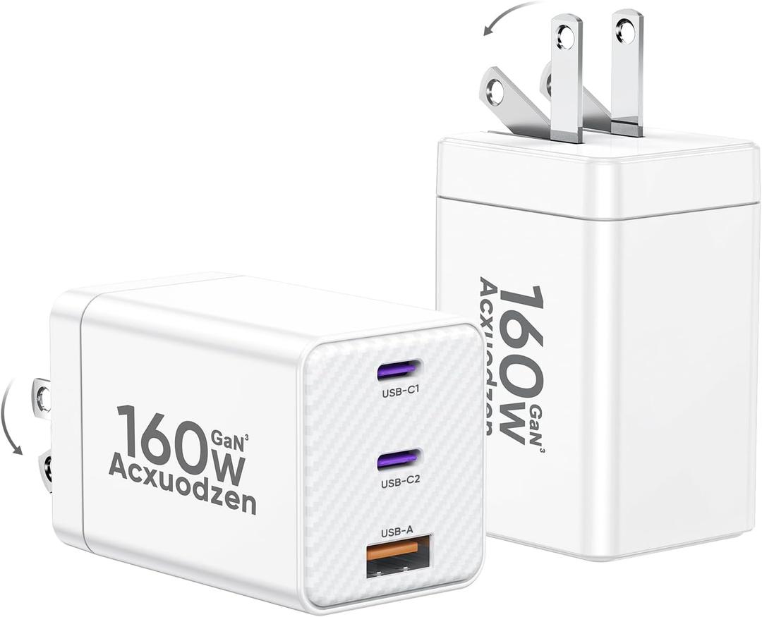 [2 Pack] USB C Charger Block 160W, 3-Port GaN Super Fast Charger, Dual 65W Type C Charging Block, Foldable QC3.0 Laptop Fast Charging for MacBook, iPhone, Samsung, Galaxy, iPad, Android, White