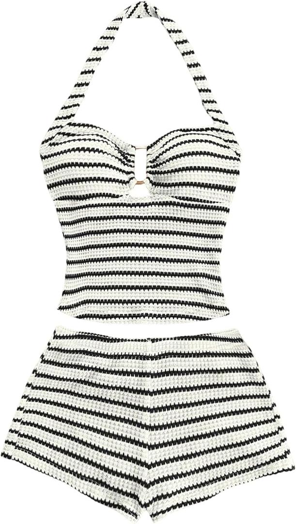 MakeMeChic Women's Summer 2 Piece Sets Striped Knit Halter Tank Tops Mini Shorts Set Beach Vacation Outfits Black White Large