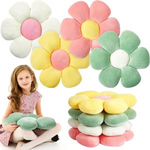 Reginary 4 Pcs Flower Floor Pillows Cute Plush Flower Throw Pillows Daisy Floor Seat Cushion Chair Pads for Back to School First Day of School for Sofa Couch Bed Decor(15 Inch, Light Color)