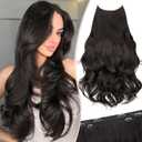 KooKaStyle Invisible Wire Hair Extensions 24 Long Wavy Layered Synthetic Clip in Hair Extensions with Transparent Wire Adjustable Size 6 Secure Clips Dark Brown Thick Hairpieces for Women 24Inch