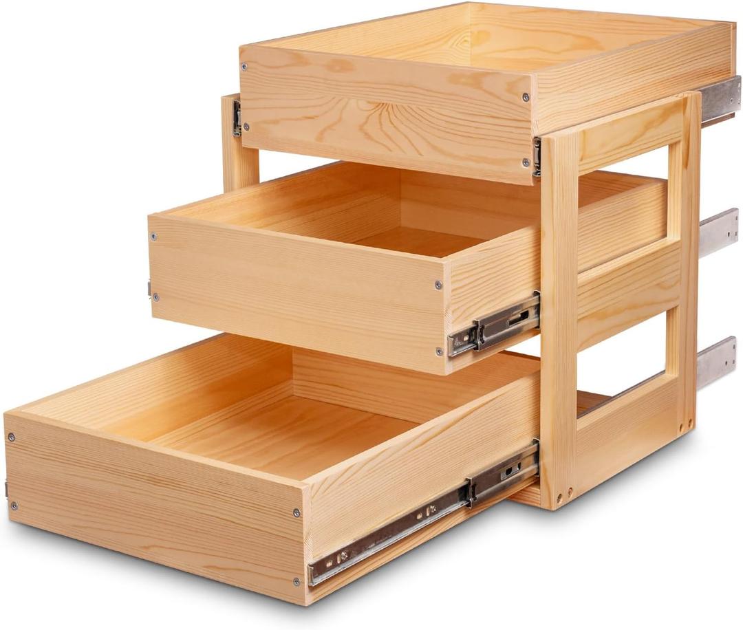 Mulush Pull Out Drawers For Cabinets, 17''W×21''D×19''H Soft Close Slide Out Wood Shelves Storage Organizer for Kitchen, 3-Tier, Finished, Heavy-Duty, Bottom Assembly