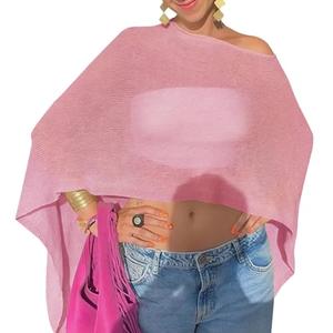 Fisoew Womens Sheer Poncho Top Lightweight Knit Bolero Shrug Mesh Off The Shoulder Y2K Going Out Beach Swimsuit Coverup Pink