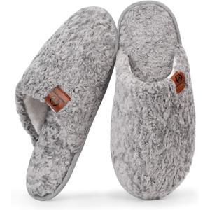 Womens Fuzzy Scuff Slippers, Comfy Supportive Foam Slip-On House Shoes for Indoor Bedroom (9-10, Grey)