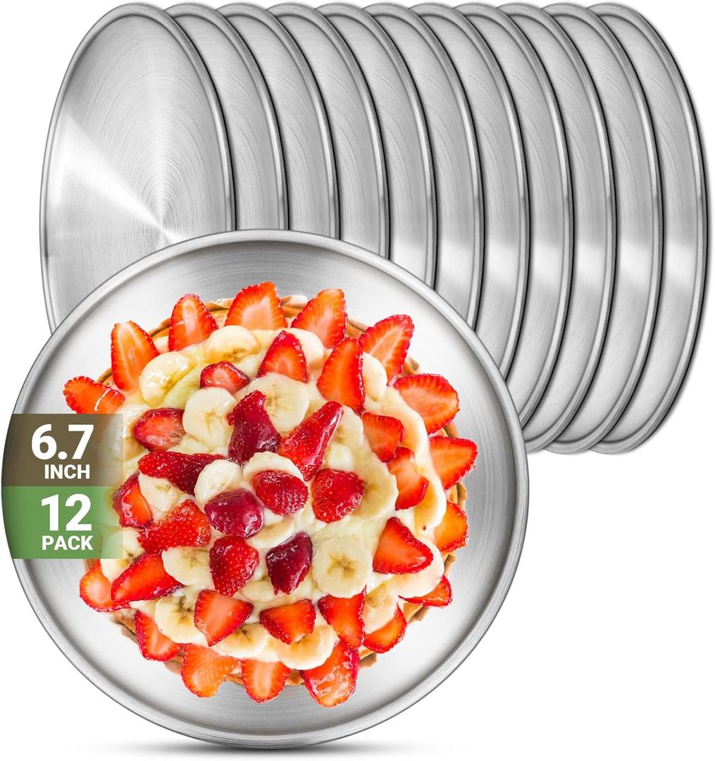 Stainless Steel Plates, 12 Set 6.7 inch 304(18/8) Metal Food Serving Plate, Reusable Snack Eating Dishes Round Shatterproof Plate Silver Dinnerware for BBQ Dinner Oven Dishwasher Safe