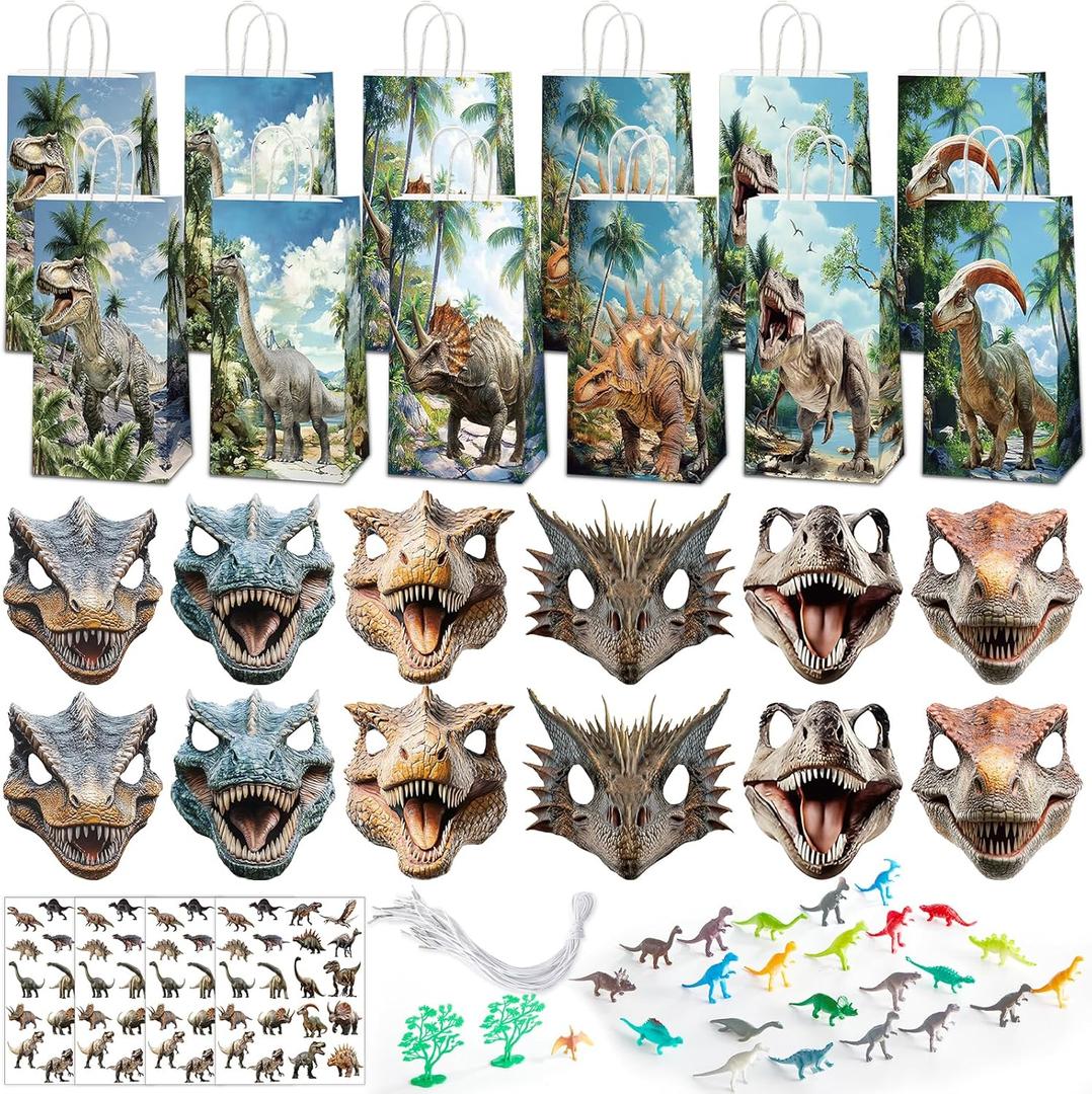 CHUNNIN 128PCS Dinosaur Party Favors Dino Themed Paper Goodie Bags Masks Sticker and Toys Jungle Safari Theme Birthday Supplies Gifts for Pinata Filler School Carnival Prize