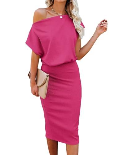 Ezbelle Women's Graduation Summer Dress Athletic Off The Shoulder Short Sleeve Ribbed Casual Party Bodycon Midi Flowy Dress Rose Red X-Large