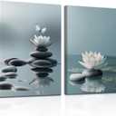 CGXY Zen Stones Spa Wall Art White Lotus Floral Bloom on Stone in Water Picture for Zen Office Meditation Posters, Yoga Spa Meditation Spiritual Room Decor Modern Framed Spiritual Artwork 16"x24"x2
