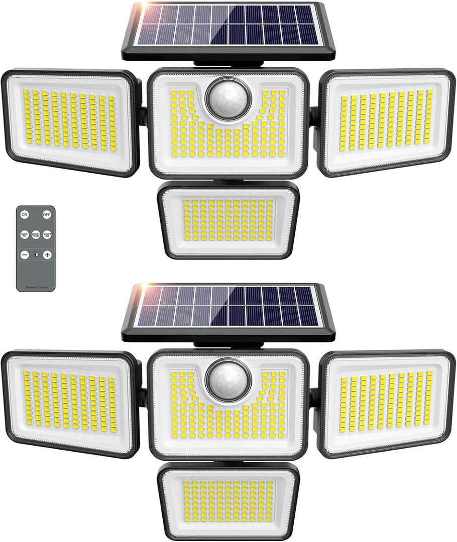 omibee 4500LM Solar Lights Outdoor, 4 Adjustable Heads Motion Sensor Lights, 3 Modes, 6500K, IP65 Waterproof Solar Security Wall Lights, Remote Control Flood Lights, Garden, Outside, Backyard, 2 Pack