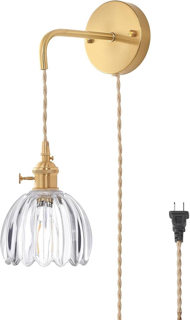 Vintage Wall Sconce Wall Lamp with Clear Tulip Glass Shade Hanging Wall Sconce with 4.9FT Plug in Cord, Modern Wall Lamp Fixtures Decor for Bedside Bedroom Indoor Doorway