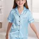 Kids Satin Pajamas Set, 2 Pieces Silky Pjs Short Sleeve & Pants Sleepwear Loungewear Button Down Pjs Set for Boys and Girls Blue Striped