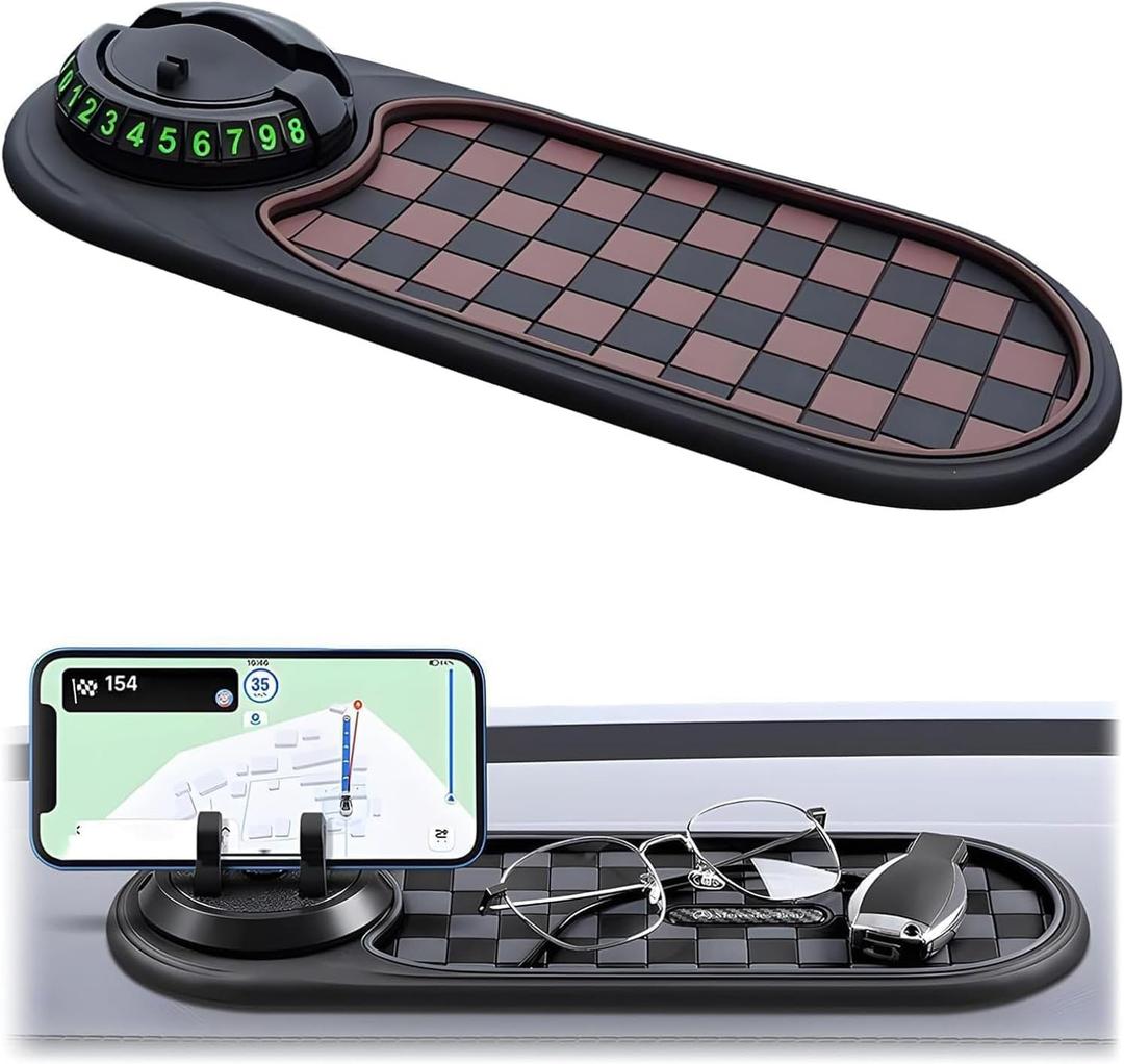 ZAGEVIVIN Car Dashboard Anti-Slip Mat Universal,360 Rotating Phone Holder, Temporary Parking Numbe & Storage Organizer for Phones, Keys, Sunglasses (Non-Slip PVC) (Black/Brown)