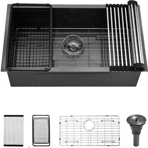 30 Black Stainless Steel Undermount Kitchen Sink, Luckyhorse 30 x 17 x 9 18 Gauge Gunmetal Black Stainless Steel Undermount Kitchen Sink LH025SQ