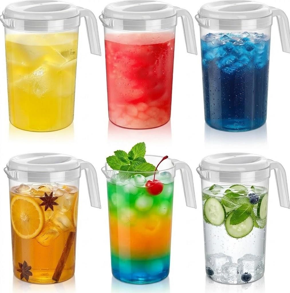 6 Pcs 4 Quart / 1 Gallon Plastic Pitchers with Lids Iced Tea Pitchers Drink Container with Twist Cover Tea Jug for Fridge Water Juice and Fridge Storage, Dishwasher and Freezer Safe