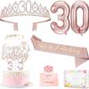 30th Birthday Decorations for Her, 30th Birthday Sash and Crown, Cake Topper and Candles, Pop Up Card, Number Balloons, 30 Year Old Gifts for Women, 10pcs