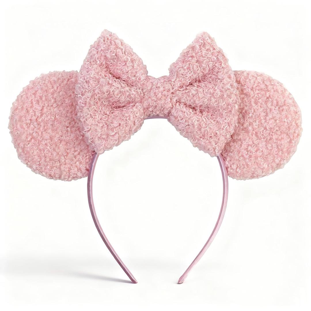 bianbaistar Fuzzy Fleece Headband for Women & Adults - Pink Mouse Ears & Bow Headband, Stretchy Lightweight Hair Hoop, Comfortable for Daily Wear, Parties & Carnivals