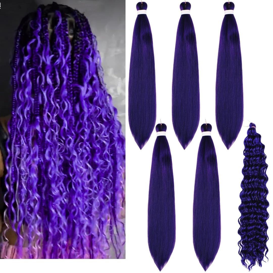 Purple Braiding Hair Pre stretched for Boho Braids Pre stretched Boho Braiding Hair (26 Inch(Packs of 5+1))