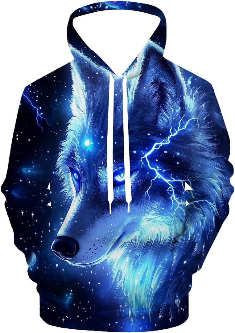 Black 80s 90s Pullover Hoodie 3D Novelty Graphic Hooded Sweatshirt Hoodies for Men, Medium, Blue Lightning Wolf
