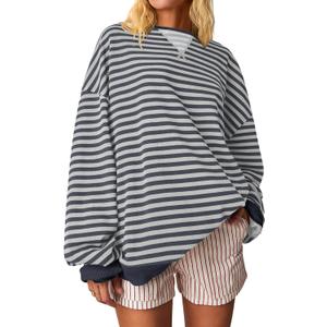 ANRABESS Women Striped Oversized Sweatshirt Crewneck Long Sleeve Shirts Hoodies 2025 Summer Fashion Pullover Top Y2K Outfits (X-Large, Grey Blue)