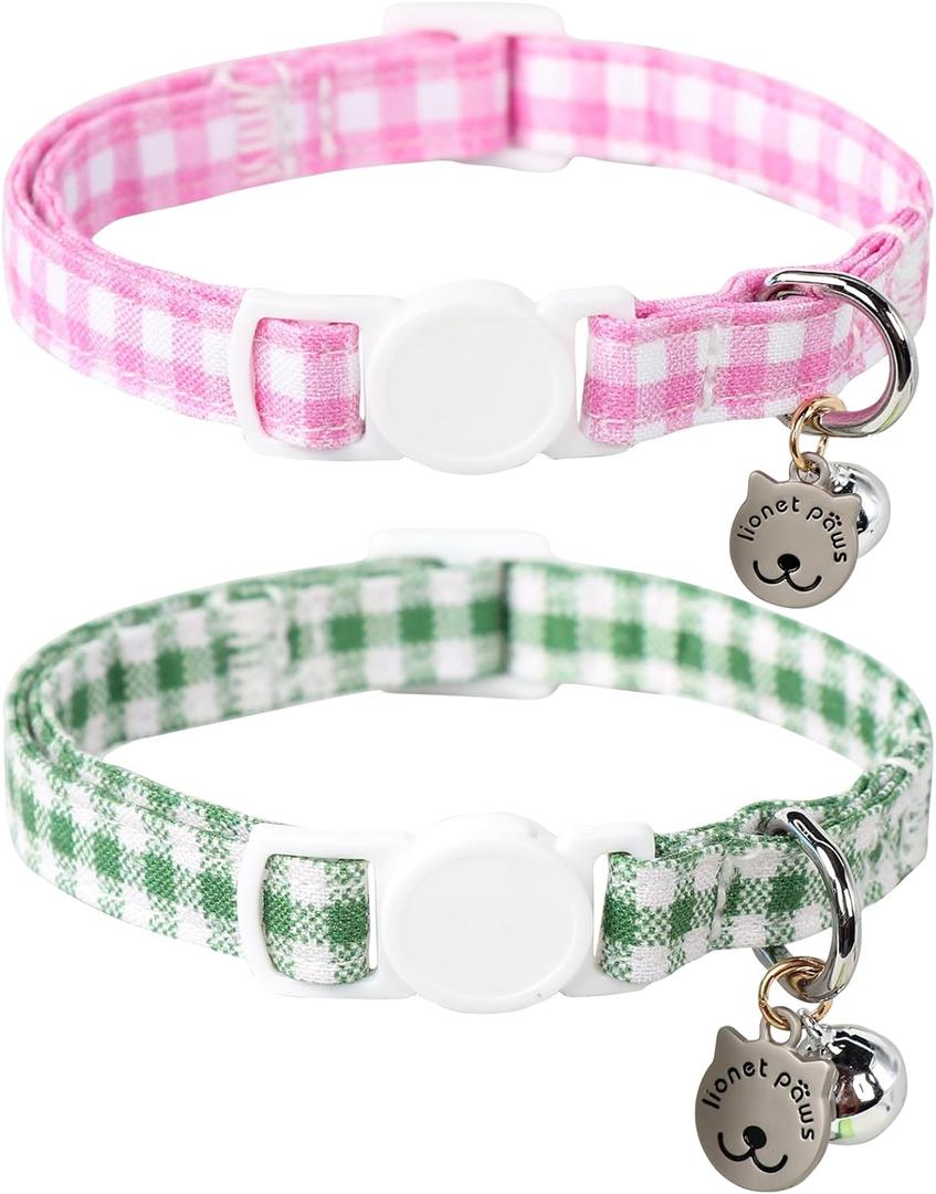 Lionet Paws 2pcs Pack Cotton Cat Collar,Breakaway Buckle with Green and Brand Pendant Cute Adjustable Cat Kitten Collar,Ideal for Girl Cats Boy Cats