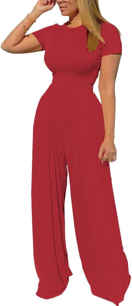 TOPSRANI Womens 2 Piece Outfits Casual Sweatsuits High Waist Short Sleeve Tracksuit Loose Baggy Wide Leg Pants Sets (Small, Red 640)