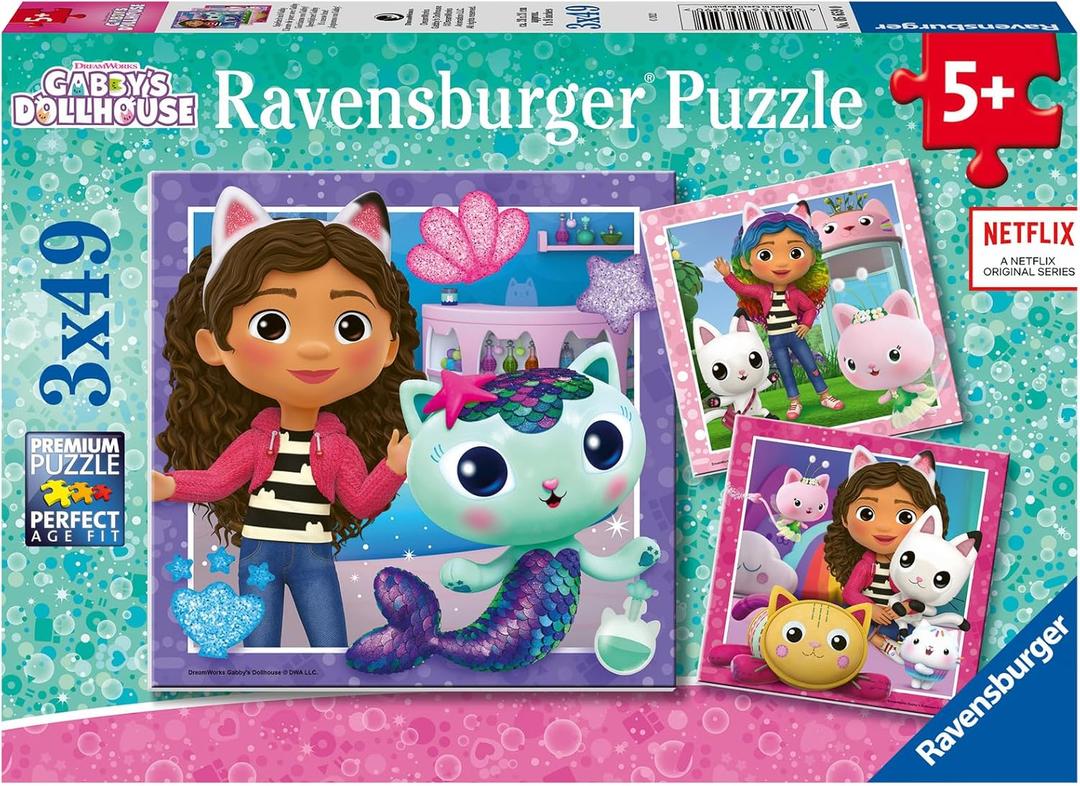 Ravensburger Gabby's Dollhouse 3 x 49 Piece Jigsaw Puzzle Set for Kids - Screen-Free Activity Boosts Concentration and Focus
