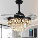48" Dimmable Black Fandelier Ceiling Fans with Lights and Remote Modern Retractable Blade Crystal Chandelier Ceiling Fan with Light for Bedroom Dinning Room Living Room