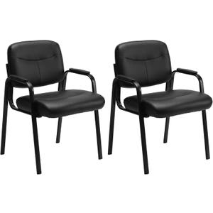 Sweetcrispy Office Reception Guest Chair No Wheels Set of 2, Leather Stationary Waiting Room Chairs with Padded Arms for Elderly Desk Conference Room Lobby Table Side Salon, Inky (22"D x 24"W x 32"H)