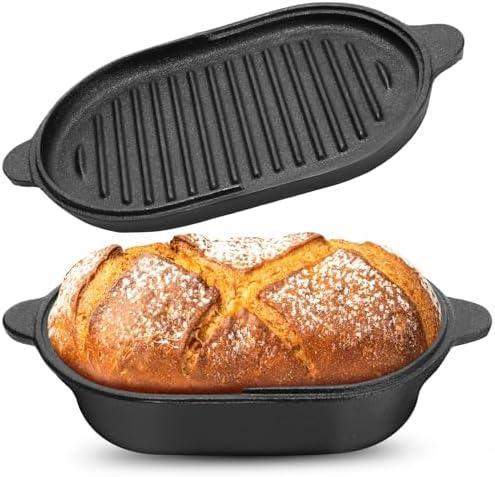 Teenyyou Cast Iron Bread Pan with Lid Pre-Seasoned Dutch Oven 2.2QT Non-Stick Bread Loaf Pan, Sourdough Artisan Baking Pots for Baking Roasting(2-In-1)