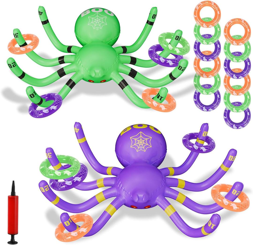 Halloween Spider Ring Toss Game, 2 Pack Inflatable Green and Purple Spiders with Rings and Pump, Fun Halloween Party Games for Kids Outdoor Trick or Treat Toys Carnival Decorations Party Favors