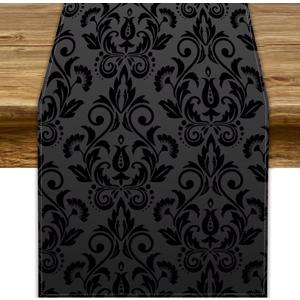 Black Damask Table Runner, Antique Victorian Style Gothic Vintage Black Floral Bohemian Exotic Table Runner for Home Kitchen Dining Table Party Holiday Decor, 13x70inch