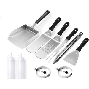 Griddle Accessories Kit for Blackstone, Camp Chef, Weber and Other Flat Top Grill, 10 Pieces BBQ Accessories, Includes Spatula Set, Wide Scooper, Squeeze Bottle & Egg Ring
