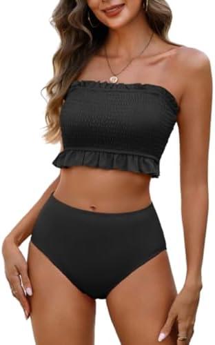 Tempt Me Women Bandeau High Waisted Bikini Sets Smocked Swimsuit Strapless Two Piece Bathing Suit, Medium, Black