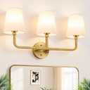 Bathroom Light Fixtures, 3-Light Brushed Gold Vanity Lights, Bathroom Lighting Fixtures Over Mirror with Flared White Fabric Shade, Modern Wall Sconces for Living Room Hallway