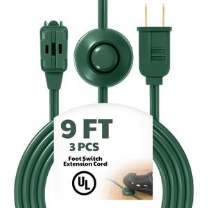 9FT Extension Cord Pack of 3 Pieces, 3 Outlets Power Cord with Hand/Foot Switch Ungrounded Power Strip, On/Off Switch for Christmas Lamps and Holiday Lights, Green