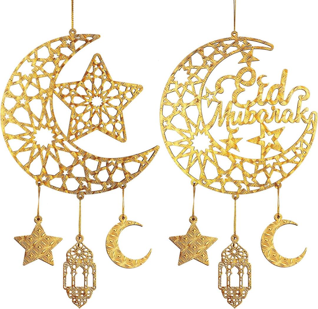 2 Pieces Eid Mubarak Door Sign Wooden Hanging Signs, Ramadan Kareem Hollow Ornament Decorations Moon and Stars, Moon Shape Ramadan Mubarak Party Wood Wall Hanger for Islamic Muslim Home Decor (Large)