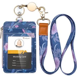 Teskyer Retractable Lanyard with ID Badge Holder, Stylish Pattern Lanyard Wallet, 4 Card Slots Zipper Pocket Badge Holder Women & Girls, Blue Flowers