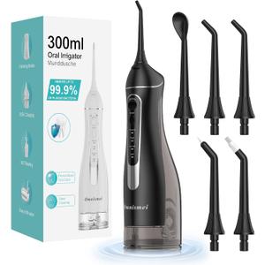 Water Dental Flossers for Teeth, 300ML Cordless Portable Electric Water Flosser, 4 Modes Oral Irrigator, Waterproof Rechargeable Water Floss for Deep Cleaning, Plaque Remover,Braces Home Travel Use (Black)