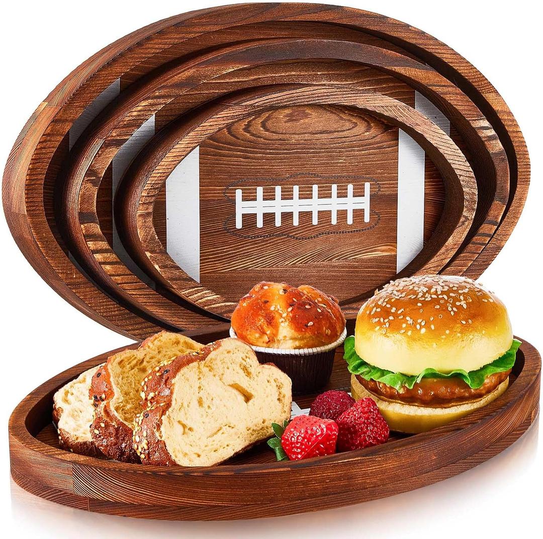 Geetery 3 Pcs Football Serving Trays and Platters Wooden Shaped Football Plates Soccer Serveware Tailgate Party Serving Platter for Game Party Decorations, 13'', 11'', 8.7''