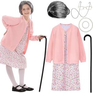 VICAMB Old Lady Costume,100 Days of School Costume for Grandma Outfit Nightgown Wig & Accessories 5-7Y
