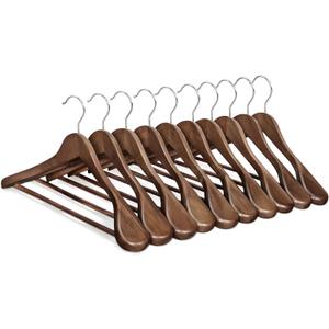 SONGMICS Extra Wide Wooden Suit Hangers, Set of 10 Clothes Hangers, Swivel Hooks, Non-Slip Bars, for Outfits, Suits, Coats, Shirts, Dresses, Walnut Color UCRW050KZ01