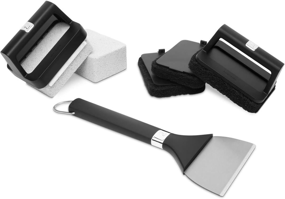 Weber Griddle Cleaning Kit, 8Piece HeavyDuty Griddle Scraper, Scour Pads, Cleaning Stones & EasyGrip Handles for Deep FlatTop Grill Cleaning (Pack of 1)