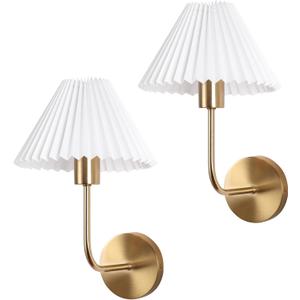 Wireless Wall Sconce Sets of 2, Pleated Shades Rechargeable Battery Operated Wall Sconce, Retro Industrial Gold Wall Lights Bathroom Vanity Sconces, Wall Mounted Lamps for Bedroom Living Room Kitchen (14.33 inches)