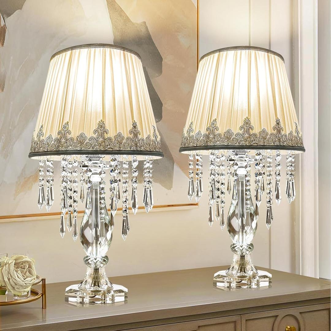 Siljoy Crystal Table Lamp Set of 2, Dimmable Bedside Lamp with Fabric Shades, Farmhouse Nightstand Lamps with K9 Crystal Strands for Living Room Bedroom 22.8 High