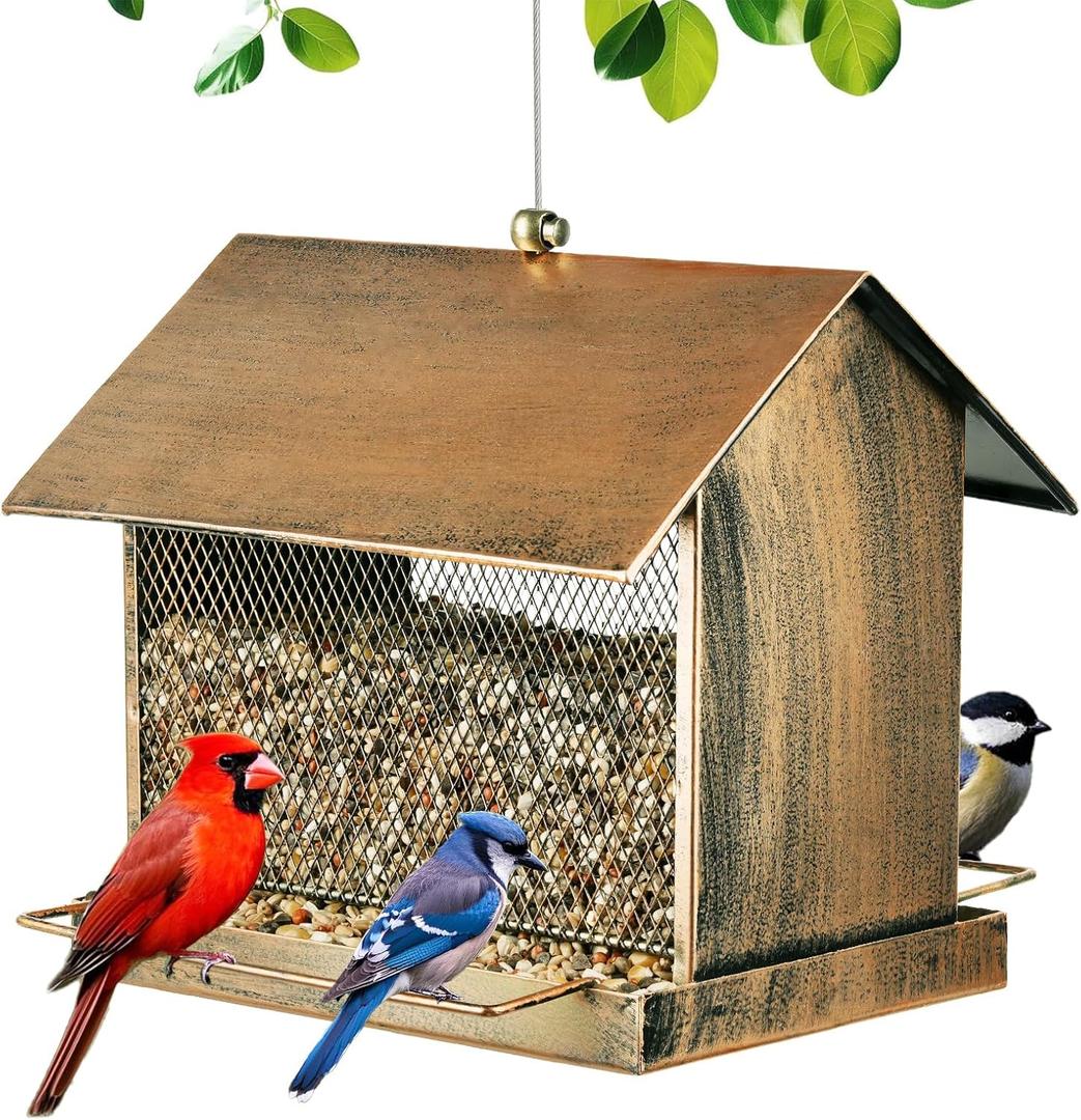 Bird Feeder, Heavy Duty Metal Wild Birdfeeder with Buckle for Outdoor Garden Yard Outside Hanging, House Shape Large Capacity