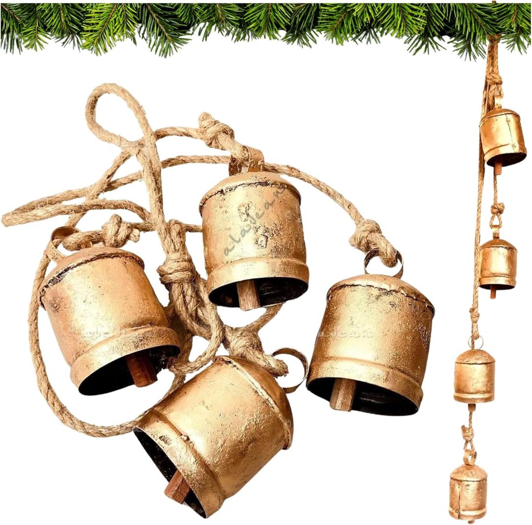 Rustic Decorative Cow Bells 4-Bell Cluster Christmas Bell Shabby Chic Vintage Harmony Cowbell Brass Coated Country Jute Rope Hanging Gold Bells (4pc Cluster 10cm)
