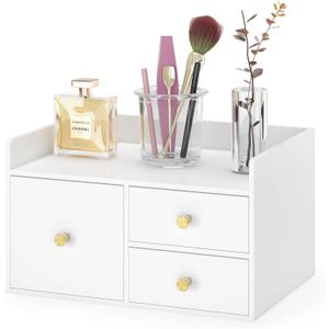 Bamboo Desk Organizer with Drawers Wooden Desktop Storage Drawers for Bills Office Supplies Kitchen Utensils Organizing Tool for Home Classroom Organization No Assembly (White, 3 Drawer)