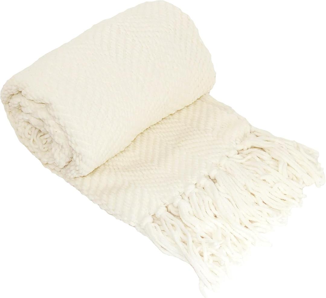 Home Soft Things White Throw Blanket Knitted Tweed Throw 50'' x 60'', Antique White, Super Soft Cozy Warm Comfortable Breathable Throw for Living Room Chair Couch Bed Sofa Bedroom Home Dcor