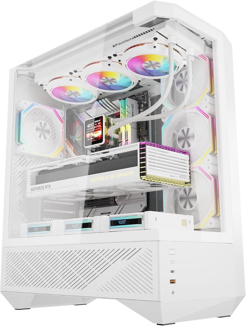 darkFlash DY460 ATX Full-Tower PC Gaming Case, 400mm GPU Support for RTX 5090, 4×ARGB PWM Fans Included, 330° Full-View Tempered Glass, Separate PSU chamber, 360mm Radiator Support,USB-C, White